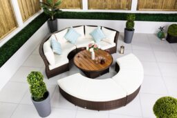 2-in-1 Round Rattan Garden Sofa with Daybed + Height Adjustable Table Brown Brown