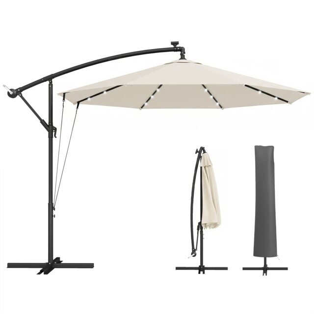 Outsunny 3 m Cantilever Parasol Solar LED Lights Cream Cream 295 x 295 x 245 cm