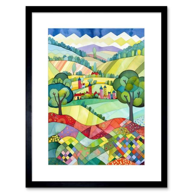 "English Countryside Rural Landscape Folk Art Watercolour 9x7"" Black Framed Wall Art Print"