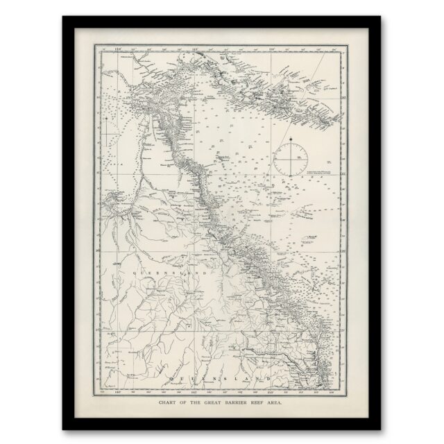 "Great Barrier Reef Area Chart Map Kent Framed Wall Art Print 12X16"""
