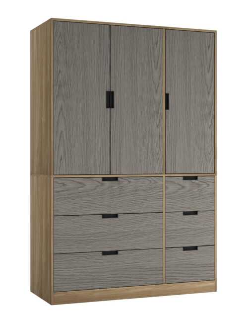 RIGA 3 Door 6 Drawer Wardrobe Brown Oak & Cedar Grey 10 x 44.5 x 79 1