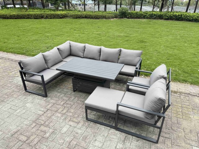 Fimous Aluminium Garden Furniture Sets,9 Seater Outdoor Conversational Dining Set with Adjustable Rising Lifting Dining Table Cushions for Yard,Poolside, Patio, Dark Grey