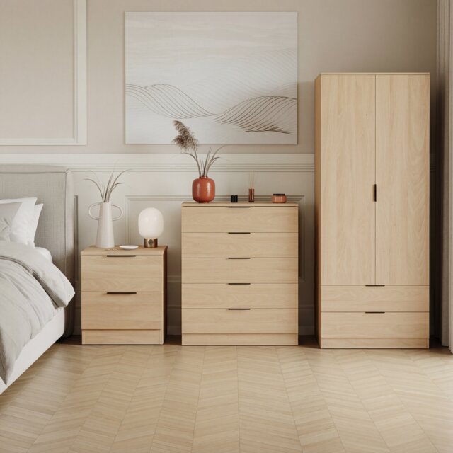 Vida Designs Trega 3 Piece Bedroom Set (2 Drawer Bedside Chest, 5 Drawer Chest, 2 Door 2 Drawer Wardrobe) Pine