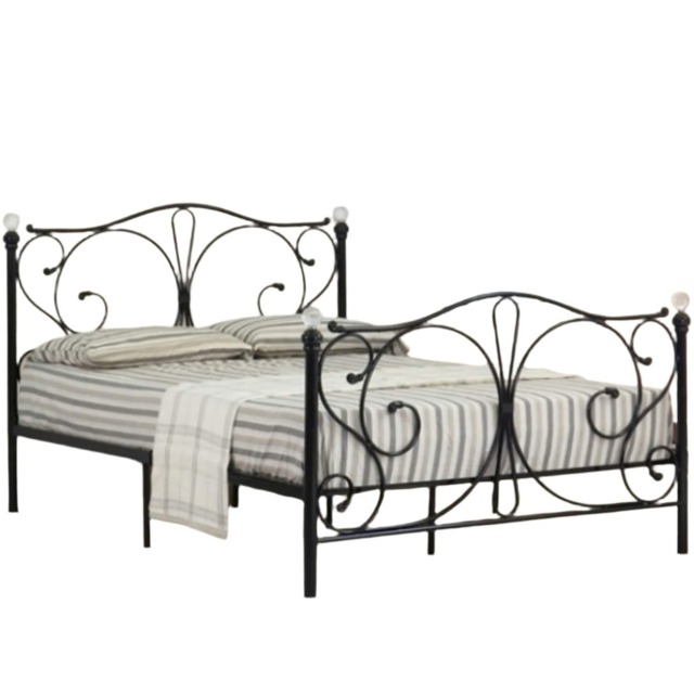4ft6 Double Metal Bed Frame With Crystal Finials In Black