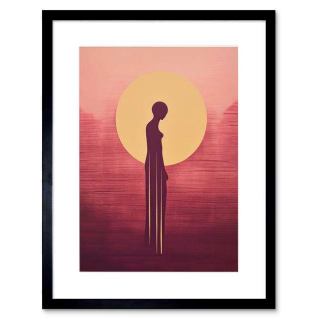 "Sunrise Solitude Minimalist African Woman Silhouette 9x7"" Black Framed Wall Art Print"