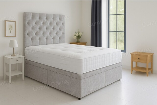 Underbed Storage Silver Crushed Velvet Kingsize 5ft Bed Set Headboard and Mattress