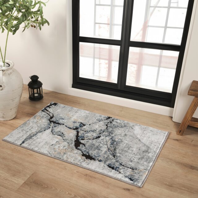 LIVABLISS Jolie-Abstract Modern Marble Rug 60 x 90 cm Grey Blue Ivory Brown