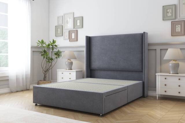 Sloomy Devonshire Steel Plush Divan Bed Base 2 Drawers Foot-End With 54 Inch Wingback Headboard Grey Steel Small Double 1