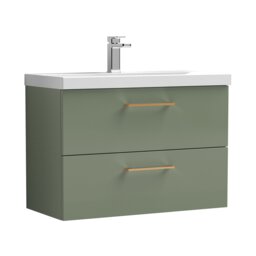Balterley Wall Hung Bathroom 2 Drawer Vanity Unit and 1 Tap Hole Ceramic Basin, with Handles Green