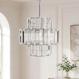 3-Tier Clear Acrylic Chandelier Shade Metal Frame 25 x 22 cm Clear acrylic panels with a metal frame. Shade only for compatible pendant lights and chandeliers. No electrical parts