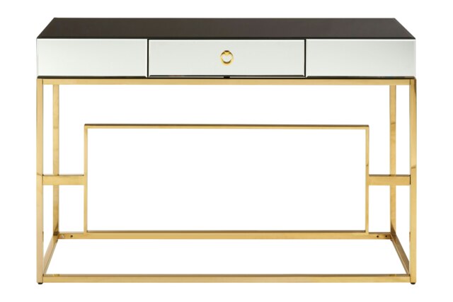 Interiors by Premier Vintage Design Console Table, Spacious Lounge Table With Black Mirrored Top, Reflective Gold Finish Table Black