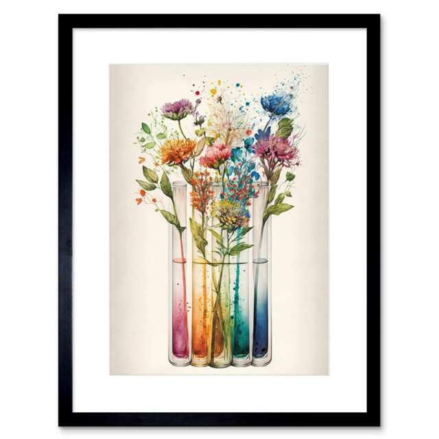 "Wildflower Glass Test Tubes Rainbow Colour Water 9x7"" Black Framed Wall Art Print"