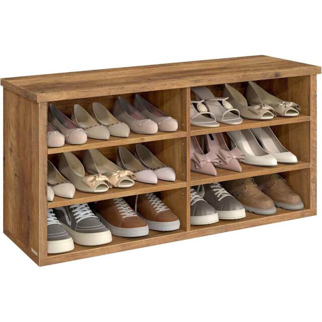 Shoe Storage Bench with 6 Compartments and Adjustable Shelves, Entryway Organiser for Hallway, Honey Brown