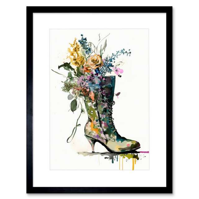 "Spring Flower Bouquet High Heeled Combat Boot 9x7"" Black Framed Wall Art Print"