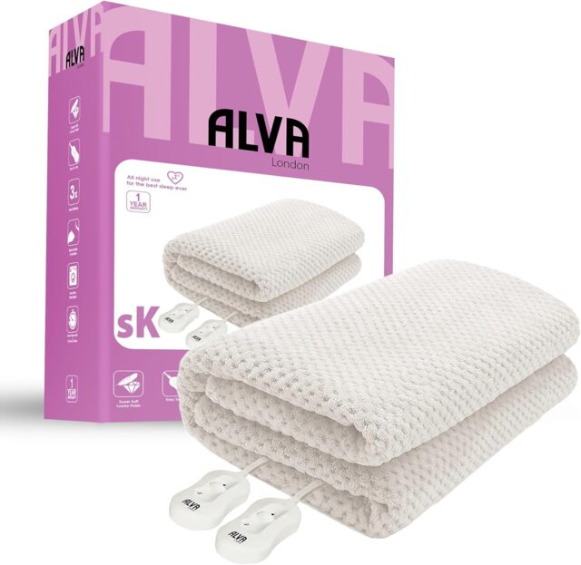 ALVA LONDON Electric Under Blanket - Super King Bed 180x200cm - Heated - Dual Controllers - Luxurious Plush Coral Fleece Material White White