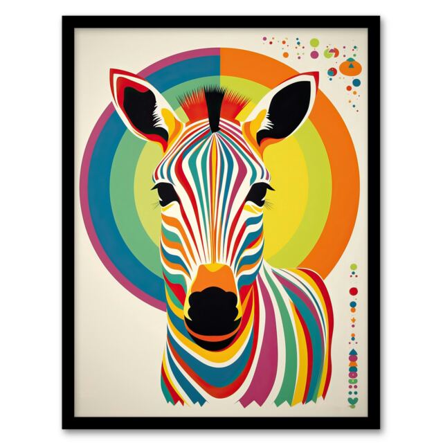 Bauhaus Rainbow Zebra Funky Modern Living Room Black Framed Wall Art Print A4