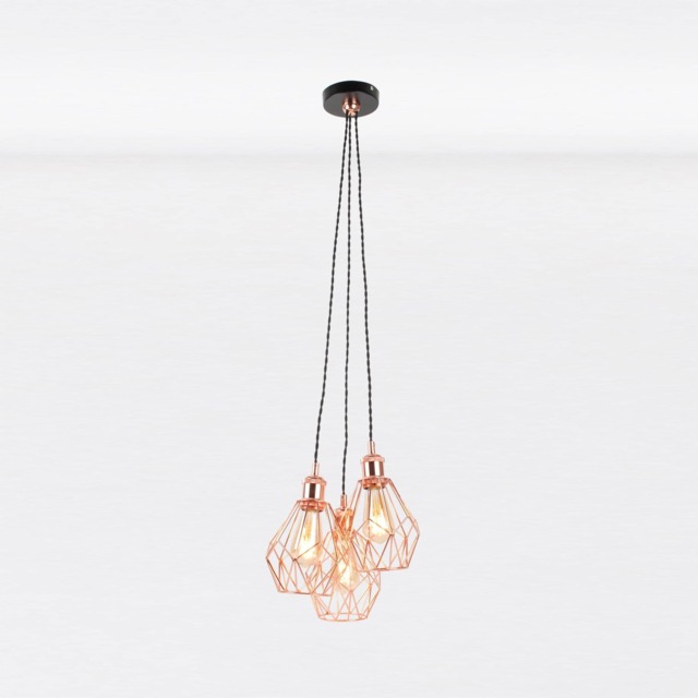 Matt Black & Copper Geometric 3 Light Cluster Pendant Black Copper 1