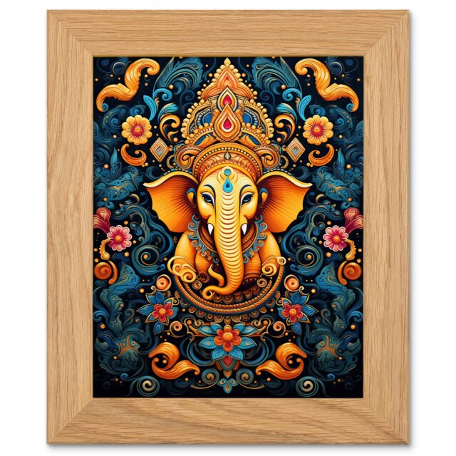 Ganesha and Flowers Hindu Vibrant Concept Art Oak Wood Framed Wall Print