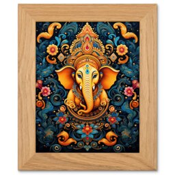 Ganesha and Flowers Hindu Vibrant Concept Art Oak Wood Framed Wall Print