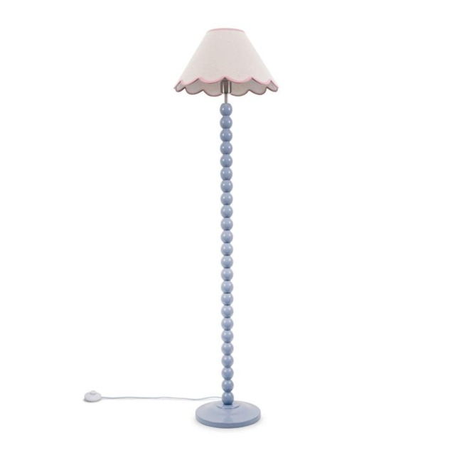 ValueLights Bobbles Powder Blue Floor Lamp Pink Trim Scallop Shade and Bulb