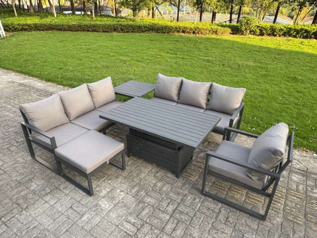 Fimous Aluminium Garden Furniture Sets,8 Seater Outdoor Sofa Dining Set with Adjustable Rising Lifting Dining Table Side Table Big Footstool for Yard,Poolside, Patio, Dark Grey