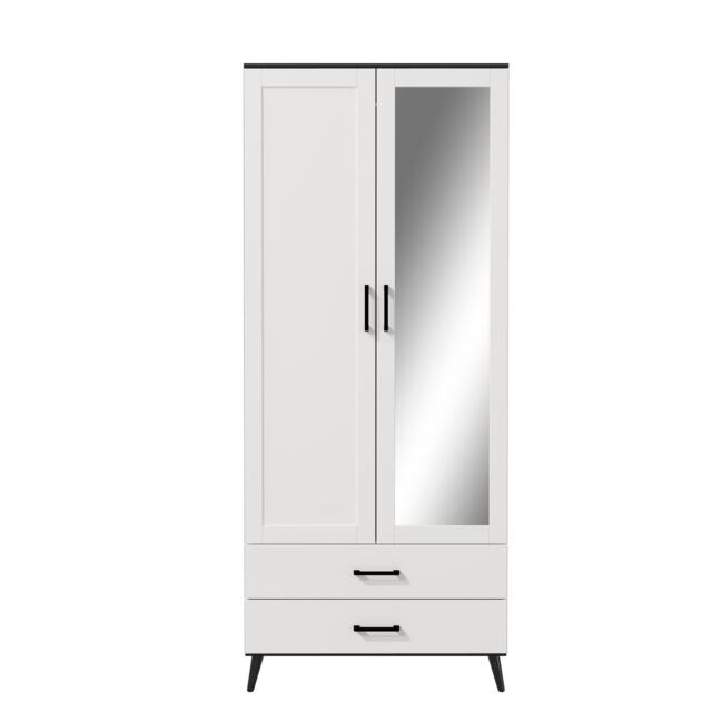 2-Door 2-Drawer Mirror Wardrobe with Legs Black Black & White 55 x 9.5 x 149 1