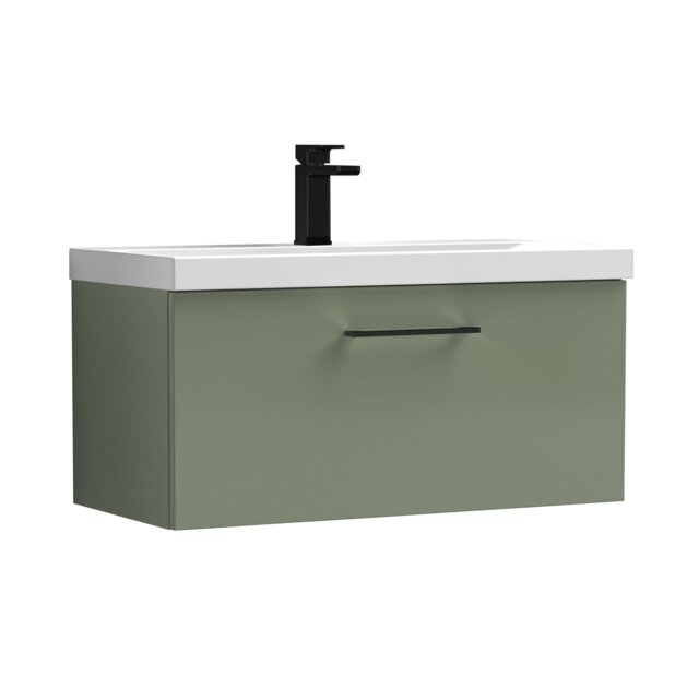 Balterley Wall Hung Bathroom 1 Drawer Vanity Unit and 1 Tap Hole Ceramic Basin, with Handle Green Satin Green