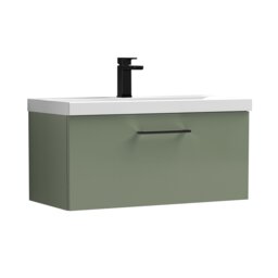 Balterley Wall Hung Bathroom 1 Drawer Vanity Unit and 1 Tap Hole Ceramic Basin, with Handle Green Satin Green
