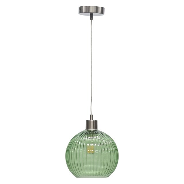 Betchley - Green Ribbed Glass Globe with Satin Nickel Pendant Fitting Green Green 1