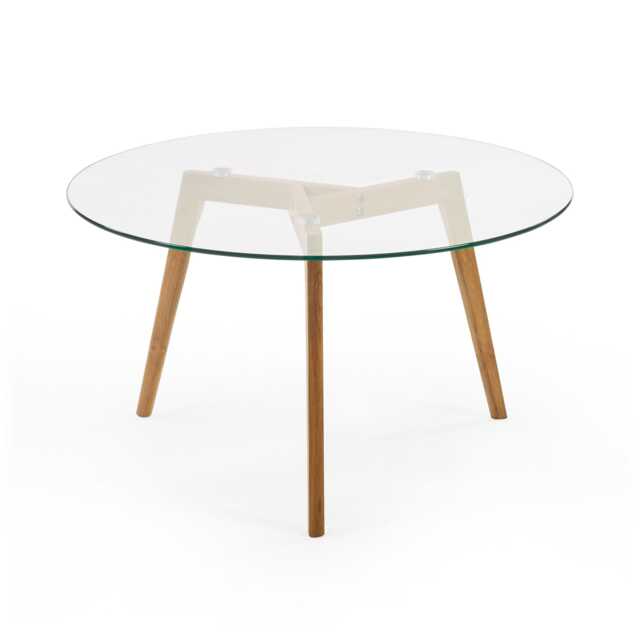 Glenfinnan 80cm Round Glass Coffee Table in Clear Glass and Natural Oak