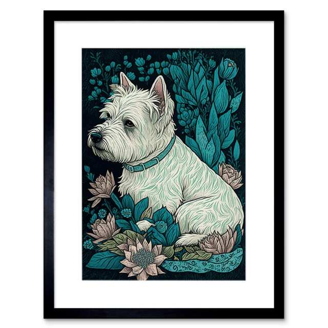 "West Highland White Terrier Sitting Flower Field 9x7"" Black Framed Wall Art Print"