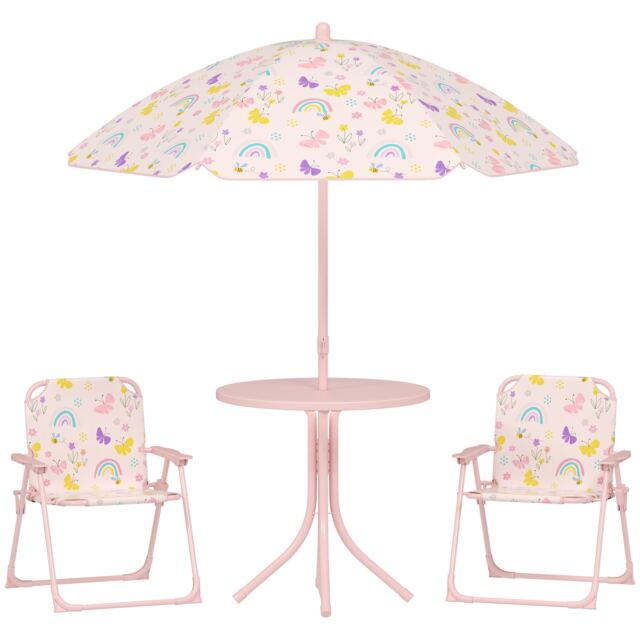 AIYAPLAY Children Table and Chair Set with Adjustable Parasol, 2 Folding Chairs, Picnic Table, Rainbow Pattern Outdoor Patio Set, for Ages 2-5 Years, Pink Pink Pink