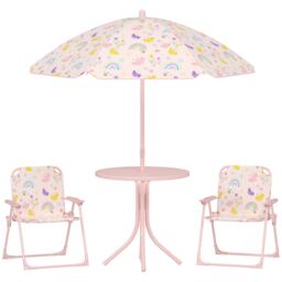 AIYAPLAY Children Table and Chair Set with Adjustable Parasol, 2 Folding Chairs, Picnic Table, Rainbow Pattern Outdoor Patio Set, for Ages 2-5 Years, Pink Pink Pink