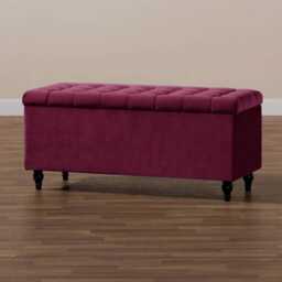 150cm Cubed Ottoman Storage Box,Red Velvet Upholstered Chesterfield Storage Ottoman Box with Wooden Legs