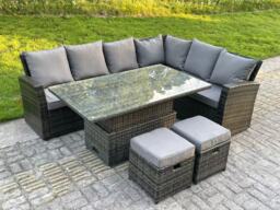 Fimous High Back Rattan Garden Furniture Corner Sofa Sets Adjustable Rising Table Dark Mixed Grey 8 seater right corner