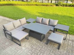 Fimous 7 Pieces Garden Furniture Set Aluminium Adjustable Rising Lifting Dining Table and Sofa Set with 2 Side Tables 2 Small Footstools Dark Grey