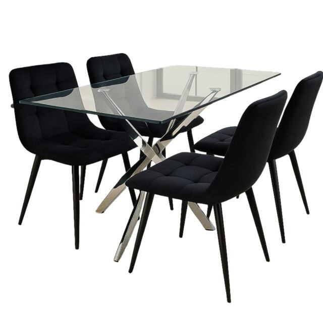 Modern Rectangle Glass Dining Table Set With 4 Black Velvet Chairs Dining Room Furniture