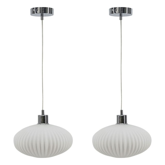 Set of 2 Baton - White Ribbed Oval Glass with Chrome Pendant Fittings White White 2