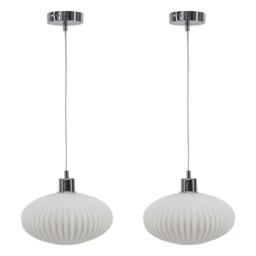 Set of 2 Baton - White Ribbed Oval Glass with Chrome Pendant Fittings White White 2