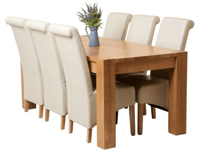 Kuba 180 x 90 cm Chunky Oak Dining Table and 6 Montana Leather Chairs Cream Cream