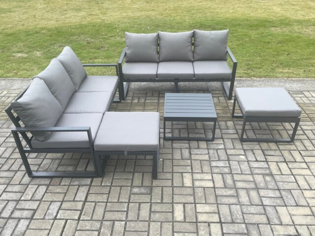 Fimous Aluminium 5 Pieces Garden Furniture Sofa Set with Cushions 8 Seater Outdoor Patio Set with Square Coffee Table 2 Big Footstools Dark Grey