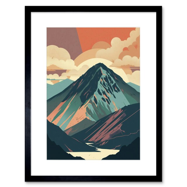 "Mountain Hill Sunrise Boho Landscape 9x7"" Black Framed Wall Art Print"