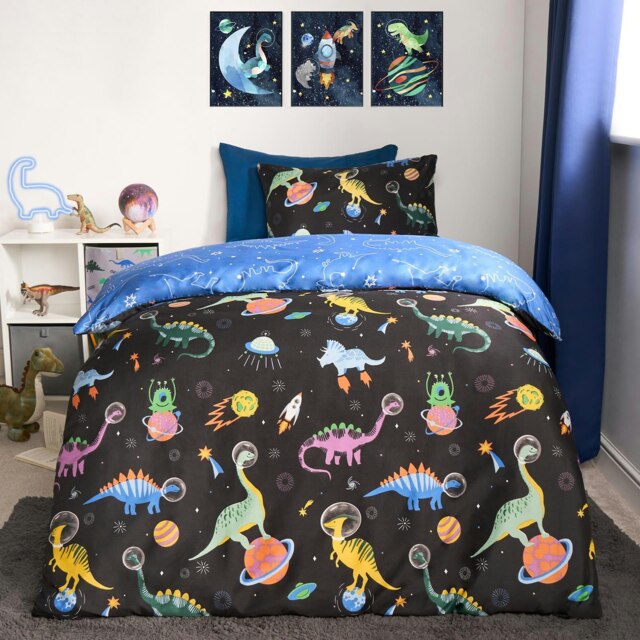 OHS Space Dino Print Reversible Microfibre Duvet Cover and Pillowcase Set, Double - Black/Blue