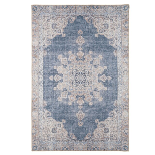 KUKOON Denim Blue Vintage Medallion Non Slip Washable Low Pile Rug 240cm x 330cm Blue