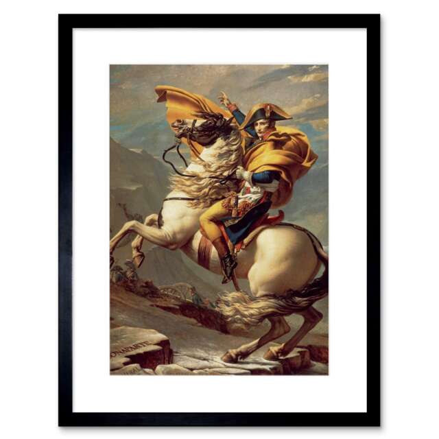 "Napoleon Bonaparte Crossing Alps Jacques Louis David 9x7"" Black Framed Wall Art Print"