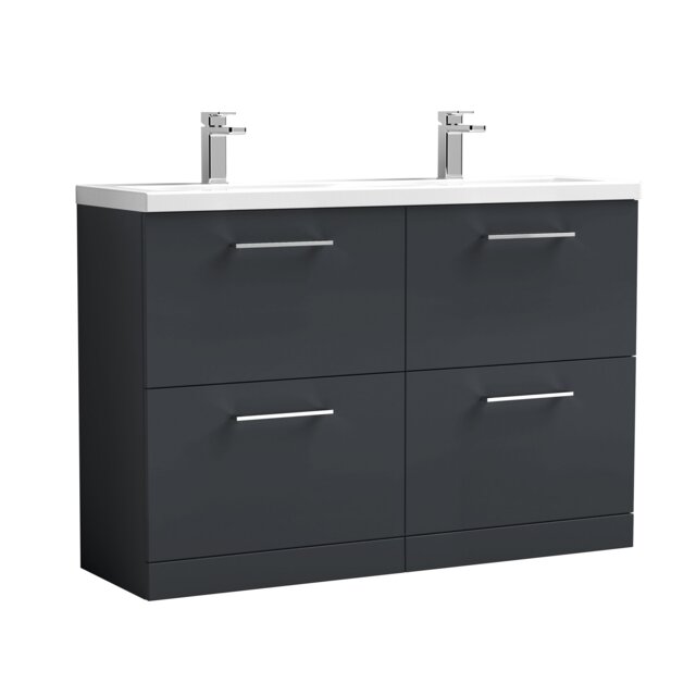 Balterley Level Floor Standing 4 Drawer Vanity Unit with Double Basin for Modern Bathroom Storage Grey Satin Soft Black