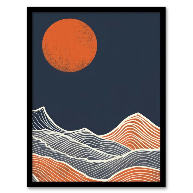 Sea Waves Lines Sun Orange Abstract Home Decor Black Framed Wall Art Print A4