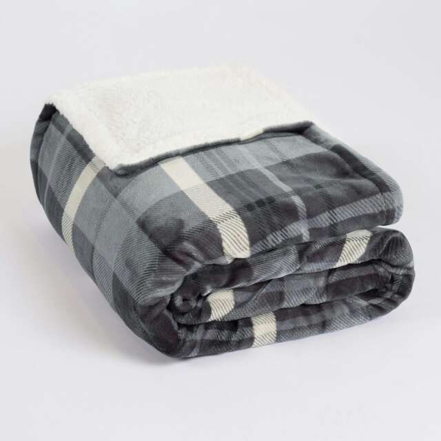 OHS Winsford Flannel Fleece Check Printed Throw Blanket, 130x160cm - Grey