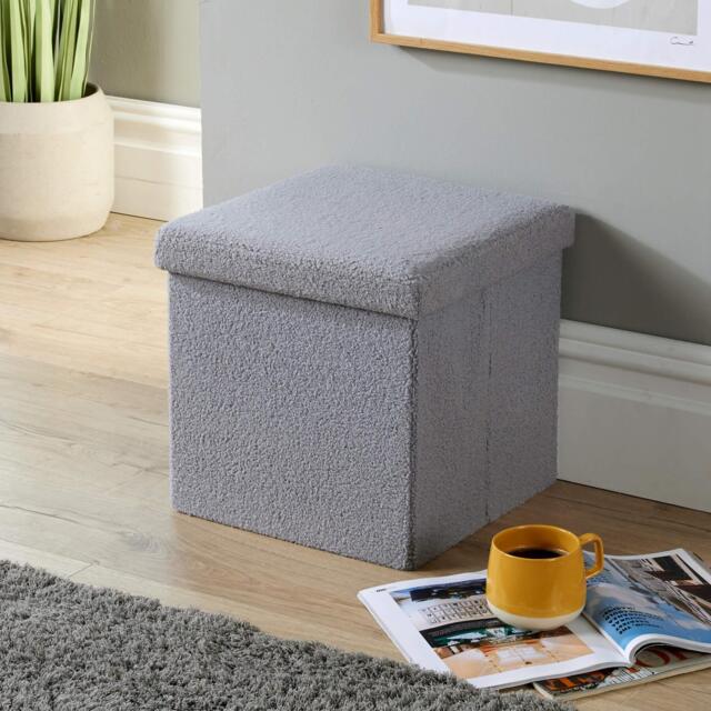 Folding Ottoman Cream Boucle Teddy Bear Fabric Chest Solid Storage Box Grey Grey