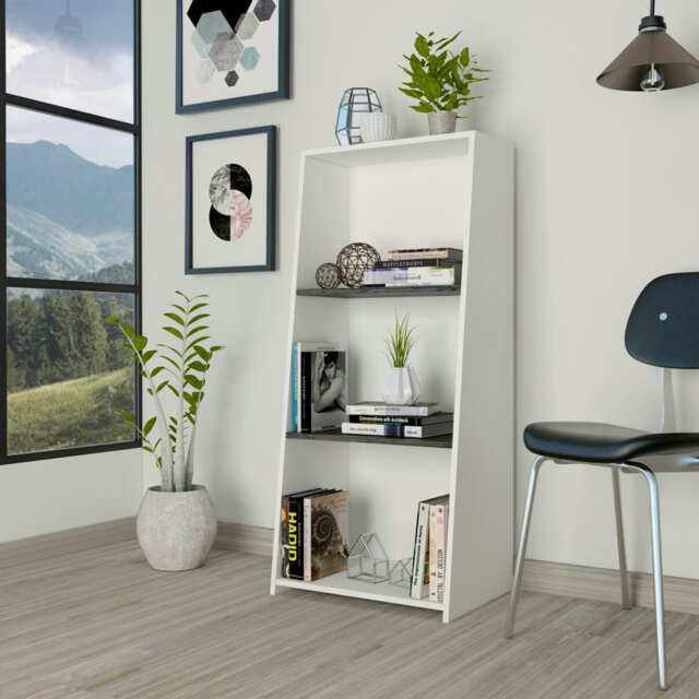 Dallas Low White Bookcase With 3 Shelves - White and Carbon Grey Oak Effect with Modern Open-Plan Design White White & Carbon Grey One Size 1